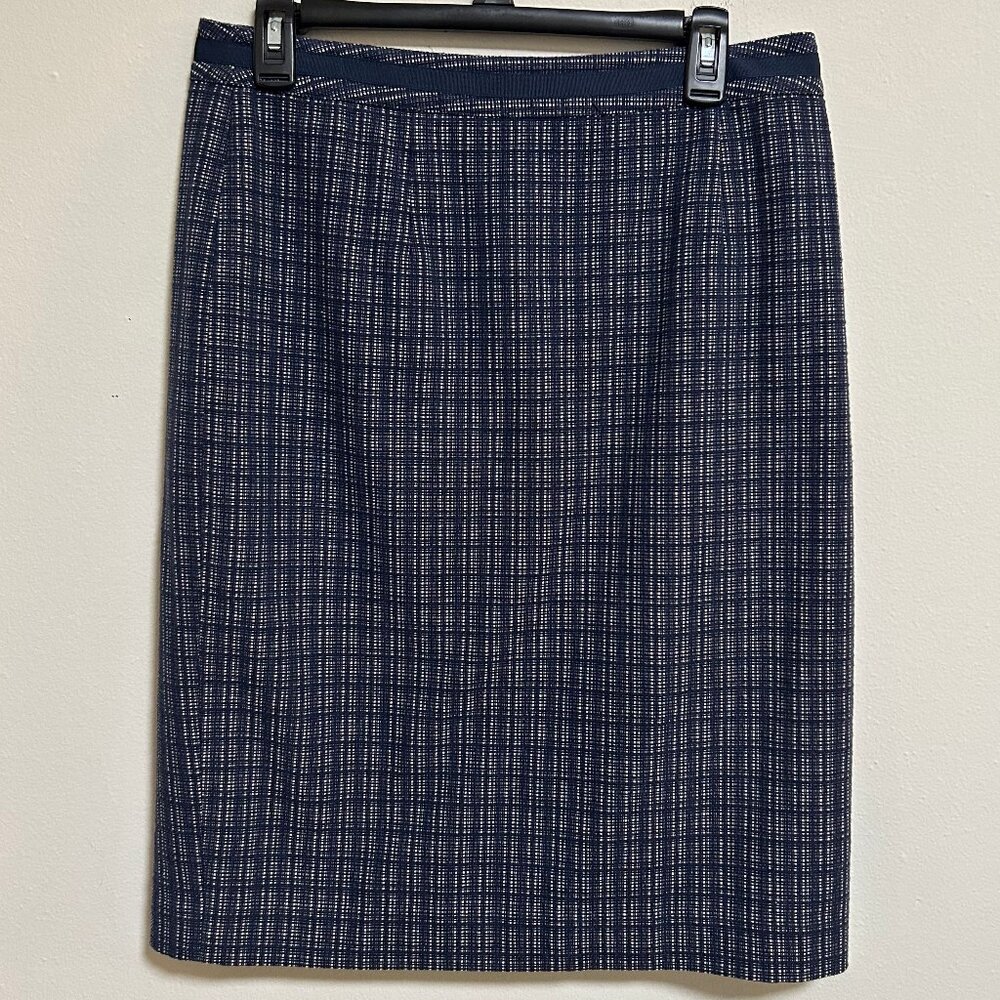 Boden Navy Blue Plaid Pencil Skirt Knee Length EUC Sz 8 100% Cotton Body